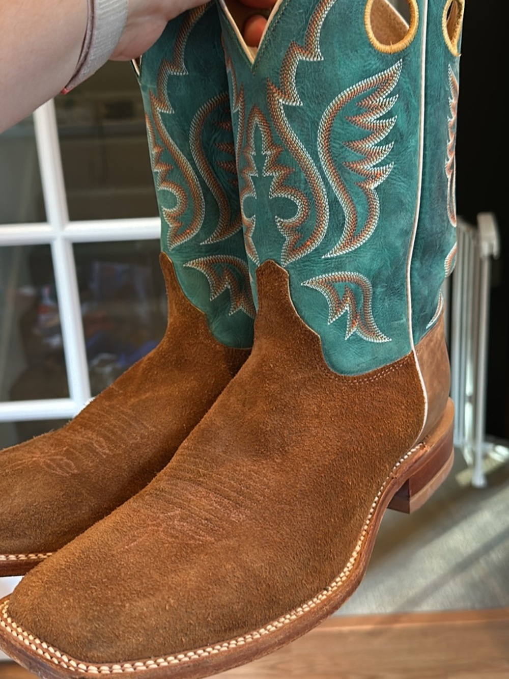 Justin Boots Brown Suede Foot & Teal Embroidered Shaft Western Boots